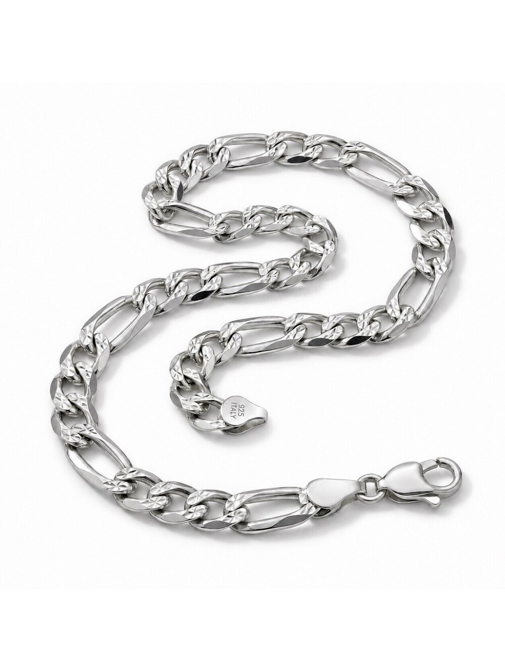 OTC Italian 925 Sterling Silver Figaro Link Bracelet 8" Diamond Cut 9.35g